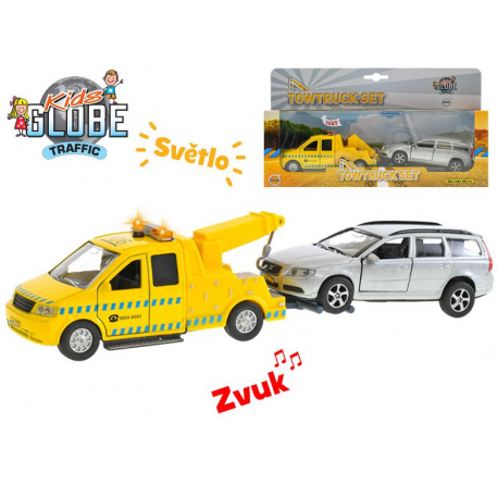 Auto kov 14cm na zpětný chod na baterie se světlem a zvukem s přívěsem + Volvo V70 13cm v krabičce