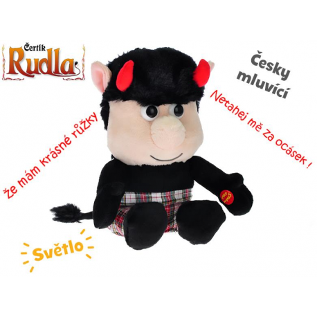Čertík Rudla plyšový 20cm sedící na baterie česky mluvící svítící rohy 0m+ v sáčku