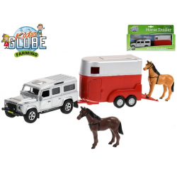 Auto Land Rover Defender kov 14cm zpětný chod s přívěsem pro koně 11cm v krabičce