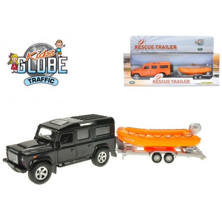 Auto Land Rover Defender kov 14cm na zpětný chod se člunem 11cm v krabičce