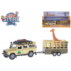 Land Rover Defender 14cm kov na zpětný chod s přívěsem 14cm a žirafou v krabičce