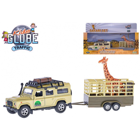 Land Rover Defender 14cm kov na zpětný chod s přívěsem 14cm a žirafou v krabičce