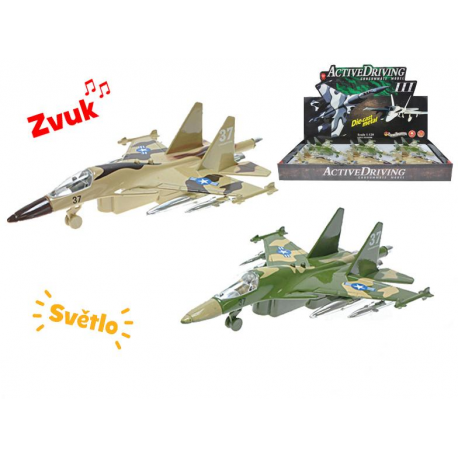 Letadlo vojenské 19cm kov zpětný chod na baterie se světlem a zvukem 2barvy 6ks v DBX