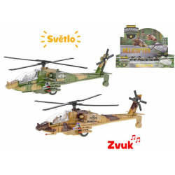 Helikoptéra vojenská 20cm kov zpětný chod na baterie se světlem a zvukem 2barvy 6ks v DBX