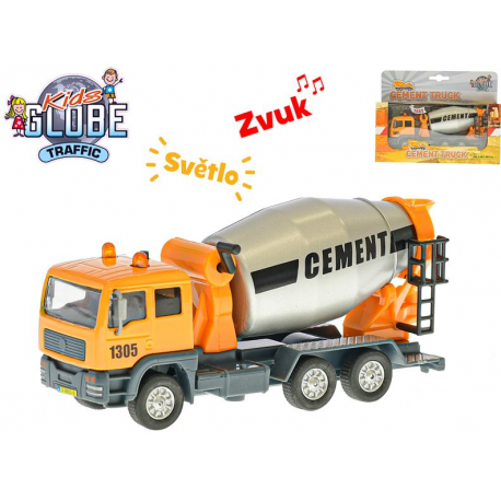 Auto míchačka 15,5cm kov na zpětný chod na baterie se světlem a zvukem v krabičce