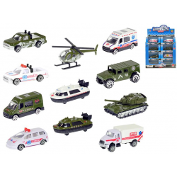 Vozidla vojenská/ambulance 7-8cm kov 1:64 volný chod 12druhů v krabičce 24ks v DBX