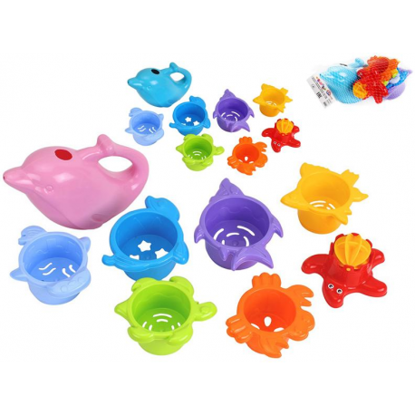 Pyramida mořská zvířátka 7pater 28cm s konvičkou ve tvaru delfína 2barvy v síťce 12m+